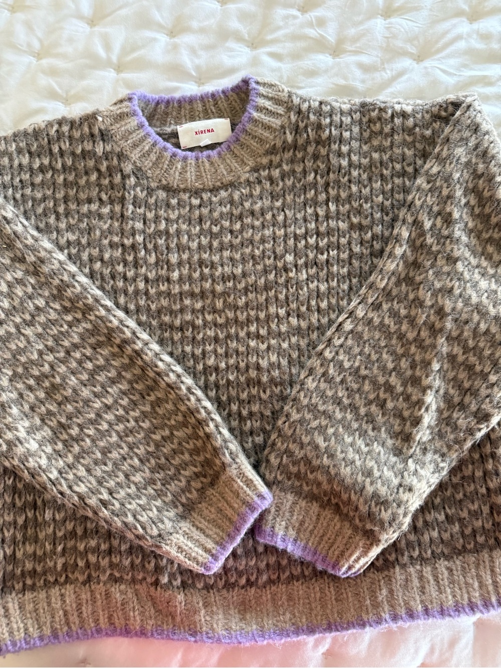 Xirena Women’s Heathered Gray Crewneck Sweater with Lavender Trim